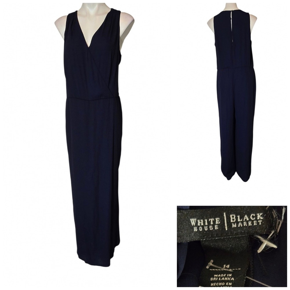 White House Black Market Navy Blue V-Neck Wide Leg Sleeveless Jumpsuit Size 14